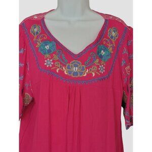 Coco Blouse Womens Sz XL Pink Floral Embroidered Boho Peasant Top Short Sleeve
